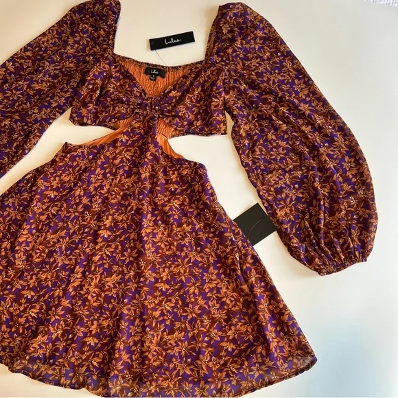 Lulus Dress Size Medium Purple Orange Floral Cutout Tie Front Balloon Sleeve - Picture 3 of 13